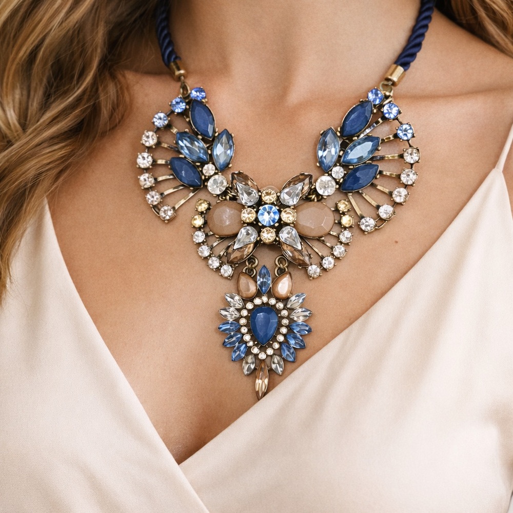 Vintage Blue Rhinestone Statement Necklace
